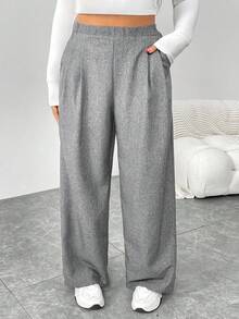 SHEIN Essnce 大码女装秋冬时尚休闲宽松日常舒适复古灰色松紧腰阔腿裤，女式下装，工作裤，秋季服装，老款，复古裤，曲线裤 - 淺灰色 - 查看 1