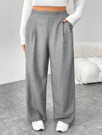 SHEIN Essnce Plus Size Women's Plain Grey Autumn Wide Leg Pants,Smart Casual Everyday Elastic Waist Loose Work Pants,Old Money Vintage Curve Bottoms