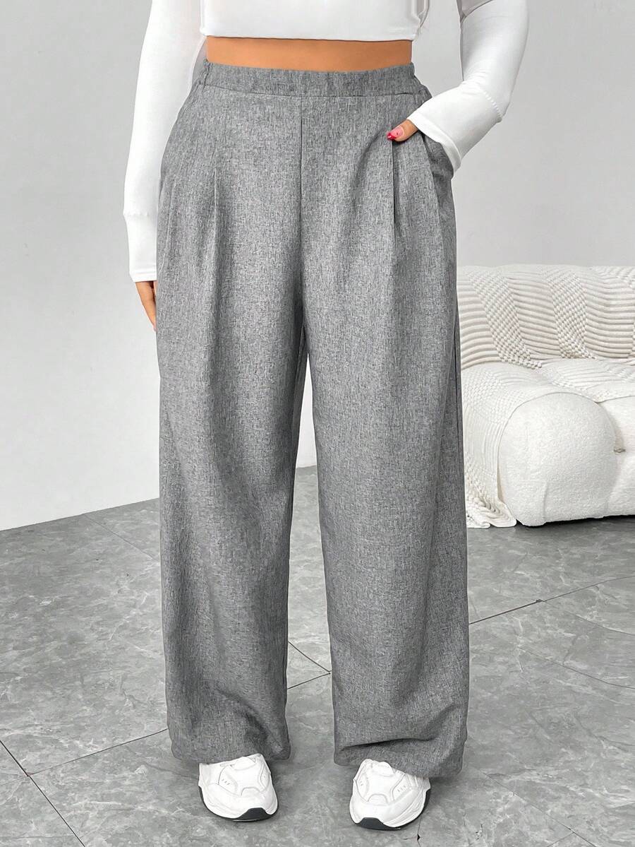 SHEIN Essnce 大码女装秋冬时尚休闲宽松日常舒适复古灰色松紧腰阔腿裤，女式下装，工作裤，秋季服装，老款，复古裤，曲线裤 - 淺灰色 - 查看 1