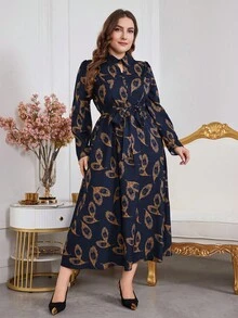 Modelyn Plus Size Casual Full Print Shirt Dress For Spring & Autumn, Elegant A Line Dresses, For Casual Daily/Travel/Work/Party Maxi Women Outfit Fall - Navy Blue - View 5