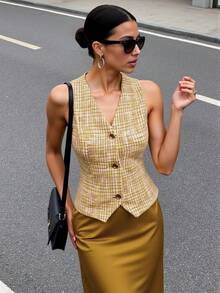 Maija Women's Plaid Single-Breasted Tweed Vest And Yellow Mustard Gold Satin Mini Skirt Set,Elegant Office Business Casual Autumn Suit Set - Multicolor - View 1