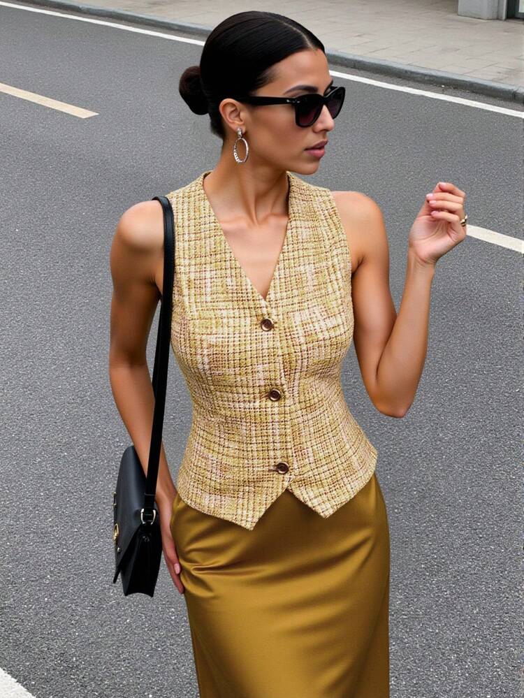 SHEIN Maija Women's Plaid Single-Breasted Vest And Mini Skirt Elegant Suit Set Vest And Skirt Set Tweed Vest Gold Satin Skirt Yellow Satin Skirt,Business Casual In Fall/Winter