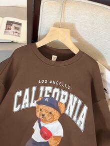 青少年女孩棕熊与字母图案宽松圆领套头衫秋冬装 FGirlmen