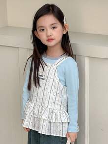 DAZY 女童条纹刺绣吊带背心 - 藍色 - 查看 2