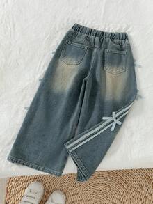 Genkimix Kids Celana Jeans Denim Washed Kasual untuk Anak Perempuan dengan Hiasan Pita - Biru - View 2