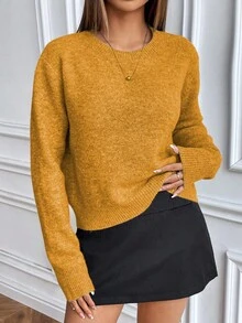 SHEIN Suéter de punto de cuello redondo de manga larga y unicolor de estilo casual - Naranja - Ver 5