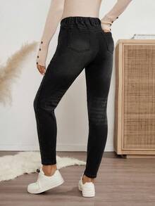 EMERY ROSE 女士牛仔裤，松紧腰带，口袋设计，修身弹力，保暖内衬，休闲百搭，加绒加厚，黑色，冬季女裤 - 黑色 - 查看 2