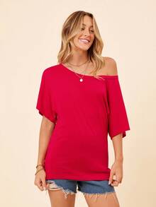 Coeurva 女士夏季純色不對稱領半翼袖休閒T恤 - 紅色 - 查看 3