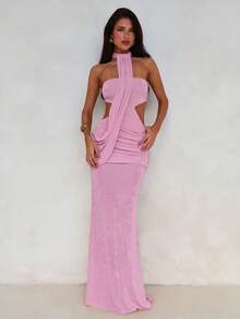Aloruh Light Pink Women's Wrap Asymmetric Flowy Maxi Mermaid Bodycon Dress,For Vacation,Party,Dating - Baby Pink - View 3
