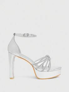 CUCCOO LuxiPop Round Toe Thick Heel Thin Strap Knotted Fashion Women's High Heel Sandals - Silver - View 5
