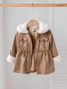 SHEIN Baby Girl Khaki Casual Thermal Lined Turndown Collar Jacket, Autumn/Winter - Khaki - View 5