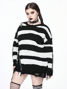 ROMWE Goth 加大码仿旧哥特式黑白条纹撕边套头衫，秋冬款，加大码万圣节和圣诞节恶魔与怪物黑白条纹休闲撕边拼布 PU 饰边宽松套头衫，加大码黑白条纹毛衣，加大码女式毛衣上衣，加大码女式休闲街头风格套头衫 - 黑與白 - 查看 5