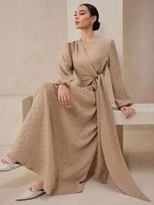 Graceveil 卡其色纹理面料圆领长袖束腰派对休闲连衣裙，秋冬，毕业典礼 - 卡其色 - 查看 5