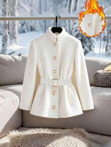 Franclia Women's Stand Collar Gold Button Flared Sleeve Belted Satin Elegant Jacket - White - View 1
