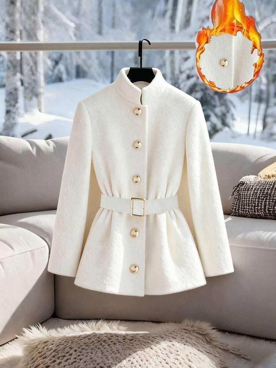 Franclia Women's Stand Collar Gold Button Flared Sleeve Belted Satin Elegant Jacket - White - View 1