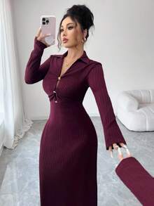 Modelyn 法式设计紧身连衣裙，V领，金属装饰纽扣，收腰，女士修身款 - Bold Plum - 查看 5