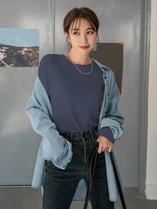 DAZY 女式宽松纯色修身休闲长袖T恤 - 藏蓝色 - 查看 5