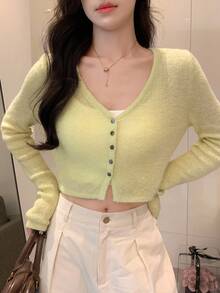 DAZY 女式休闲V领纽扣前长袖开衫，秋冬 - 綠色 - 查看 9