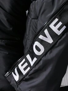 男童个性化字母印花拉链连帽夹克，带口袋，可机洗黑色风衣，适合滑雪、单板滑雪和寒冷天气 - 黑色 - 查看 5