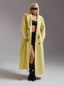 SHEIN ICON Women's Long Mustard Yellow Overcoat, Minimalist Design For Commuting And Casual Wear, Autumn/Winter - Yellow - View 3
