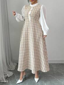 Modelyn 秋冬大码粗花呢编织纹理长袖修身 A 字连衣裙