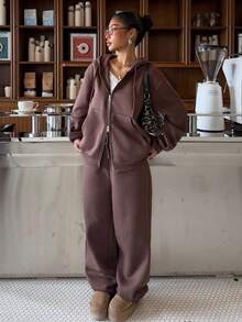 SHEIN EZwear 2PCS Brown Sweatshirt Set Hooded Double Zipper Sweatshirt And Sweatpants Casual Sports Suit Zipper Hoodie Women's Winter Clothing - Brown - View 5