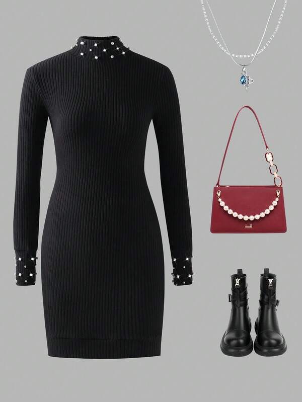 Women's Black Ribbed Knit Bodycon Dress With Pearl Embellished Collar And Cuffs, Elegant And Fashionable For Parties Or Everyday Wear
