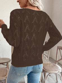 SHEIN LUNE Vacation Style Casual Hollow Floral Pattern Off Shoulder Loose Fit Pullover Sweater - Mocha Brown - View 2