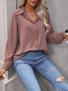 Wandoria Long Sleeve Solid Color Casual Shirt For Commute, Autumn Fall Cloth For Women - Redwood - View 5