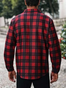 Manfinity CasualCool Áo khoác nam tay dài cài nút phía trước, trang phục thường ngày, ấm áp, áo sơ mi kẻ sọc, giáng sinh, thu đông - Đỏ - Xem 2