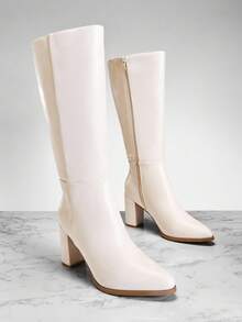 SHUZIA #CitySleek Women's Pointed Toe Side Zip & Block Heel Pu Knee-High Boots – Sleek Finish For Polished Everyday Looks - White - View 7