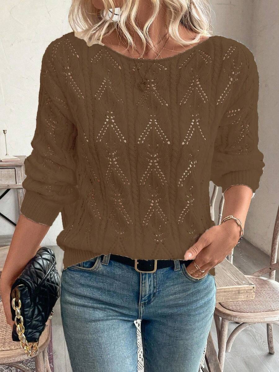 SHEIN LUNE Sweater Pullover Longgar Bermotif Bunga Berongga dengan Bahu Terbuka, Gaya Liburan Kasual - Coffee Brown - View 1