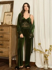 Côtesoire 3pcs Women's Elegant Romantic Lace & Velvet Camisole Top, Robe And Pants Sleepwear Set, Olive Green Green Pj Set Dark Green Pajamas, Winter Clothes - Green - View 5
