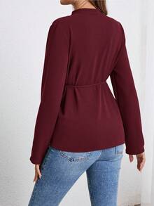 SHEIN 孕妇长袖纽扣衬衫，军绿色 - 酒紅色 - 查看 2