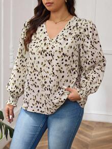 SHEIN Frenchy Plus Allover Leopard Print Lantern Sleeve Blouse - Mint Green - View 5