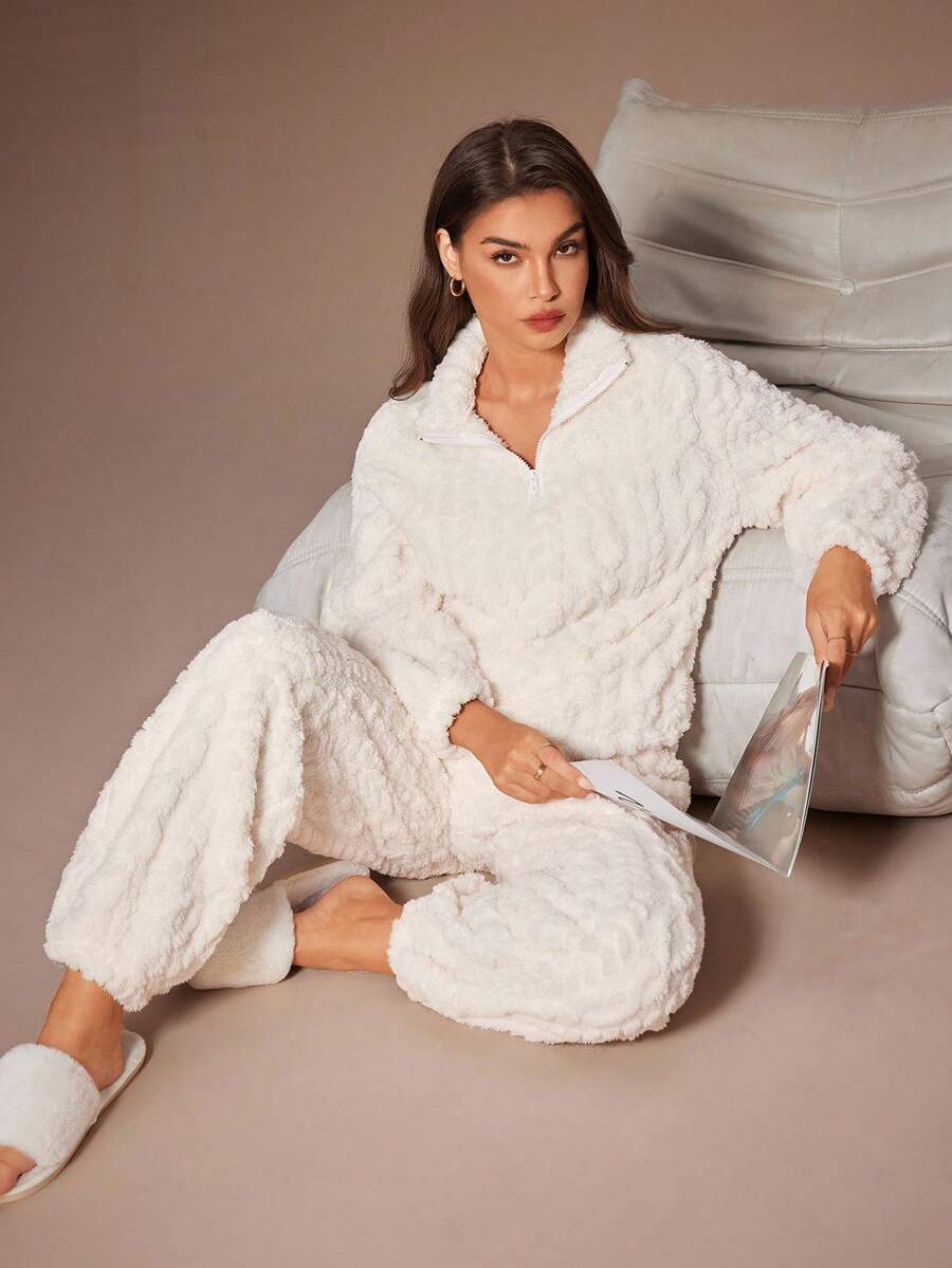 Lazeform Women's Plush Jacquard Collar Zip-Up Long Sleeve & Ankle Cuff Pants Pajama Set, Winter, Cozy Outfit Fluffy Pjs Loungewear Cozy Sets Women Matching Lounge Set Homewear Women, Fall Clothes
