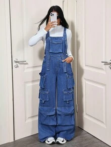 SHEIN Tall 纯色宽肩带口袋休闲宽松牛仔连体裤 - 深色水洗藍 - 查看 4