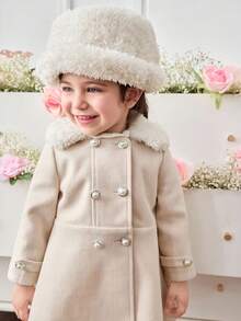 SHEIN Baby Mädchen einfarbiger Fellkragen Doppelreiher Langarm Wollmantel, Herbst/Winter - Beige - Übersicht 5