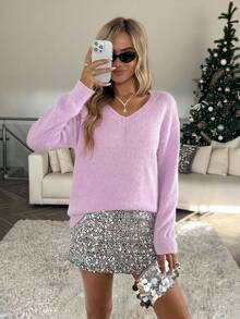 Easowa Áo len tím đa năng thường ngày dành cho nữ, Thu/Đông - Màu tím - Xem 2