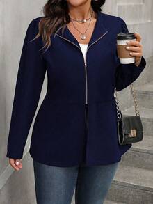 EMERY ROSE Plus Size Women Solid Color Long Sleeve Zip-Up Casual Jacket Coat Winter Fall Autumn - Navy Blue - View 5
