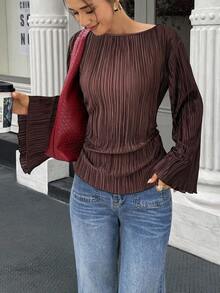 Elenzga 秋冬宽圆领喇叭袖收腰百褶衬衫 - 咖啡棕 - 查看 3