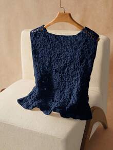 Elaquor Plus Size Women's Solid Color Minimalist Sleeveless Sweater Vest, Everyday Wear Spring To Summer - Navy Blue - View 3