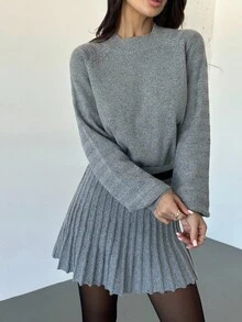 Firerie 女士灰色高领长袖上衣和喇叭迷你裙毛衣套装，温柔优雅年轻毛衣套装，春秋冬装，通勤，优雅，休闲日常，工作装 - 灰色 - 查看 4