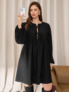 Auralis 大码女装秋冬时尚休闲宽松舒适日常蝴蝶结纹理面料黑色长袖短款连衣裙，秋季服装，曲线可爱连衣裙