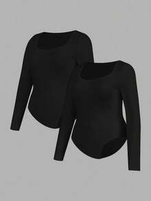 SHEIN Essnce Bộ đồ liền thân bó sát cổ vuông dài tay thời trang công sở thường ngày dành cho nữ cỡ lớn, mặc đi làm thường ngày, mặc đi làm chuyên nghiệp, mặc trong 2 mảnh, màu đen, đỏ tía, đỏ mỏ neo - màu đen - Xem 9