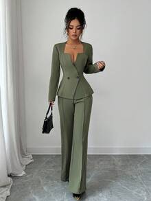 Elenzga 2pcs Women Asymmetrical Collar Cinched Waist Jacket And Straight Leg Pants Set, Elegant & Romantic - Army Green - View 5
