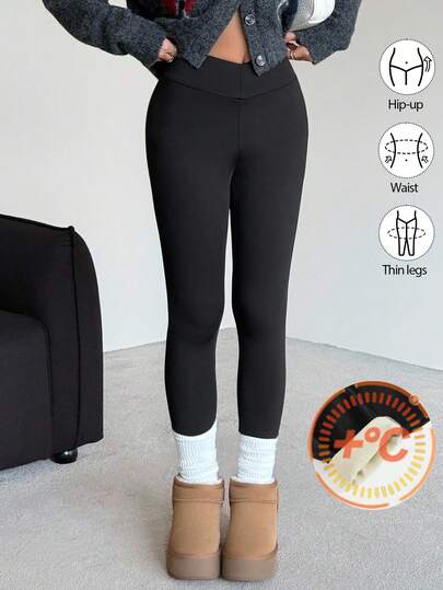 SHEIN Leggings negros básicos de unicolor y cómodos para niñas preadolescentes con forro polar