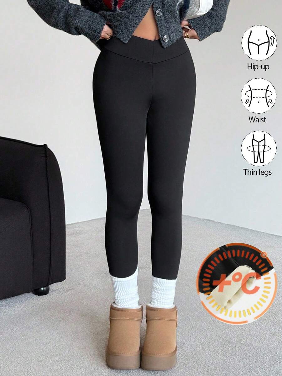 SHEIN Quần áo mùa đông cho bé gái tuổi teen, thoải mái, dài, màu đen, quần legging tập yoga trơn màu cơ bản có lót lông cừu giữ nhiệt, quần legging màu đen - màu đen - Xem 1