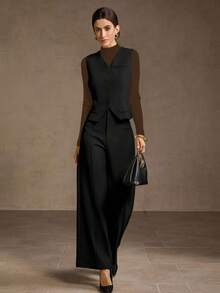 MOTF PREMIUM ENSEMBLE VESTE BLAZER COL V UNIE ET PANTALON LARGE À PLIS DEVANT