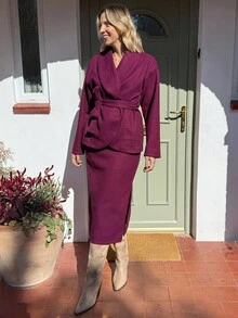 Vivie Lora Women's Elegant Solid Color Coat And Skirt 2 Pieces Set, Autumn/Winter Lounge Sets For Women - Purple - View 2